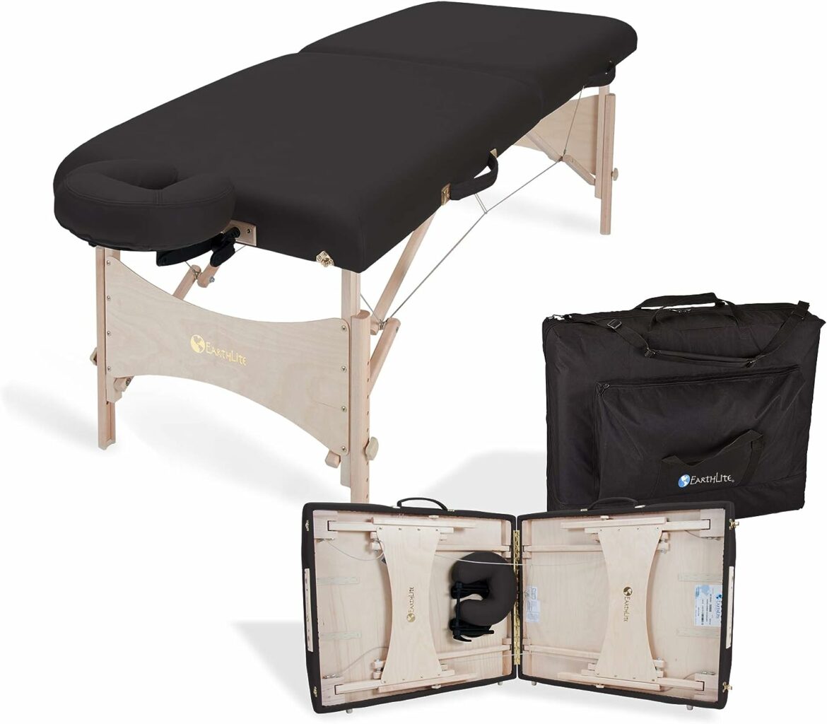 EARTHLITE Portable Massage Table HARMONY DX – Foldable Physiotherapy/Treatment/Stretching Table, Eco-Friendly Design, Hard Maple, Superior Comfort incl. Face Cradle  Carry Case (30 x 73)