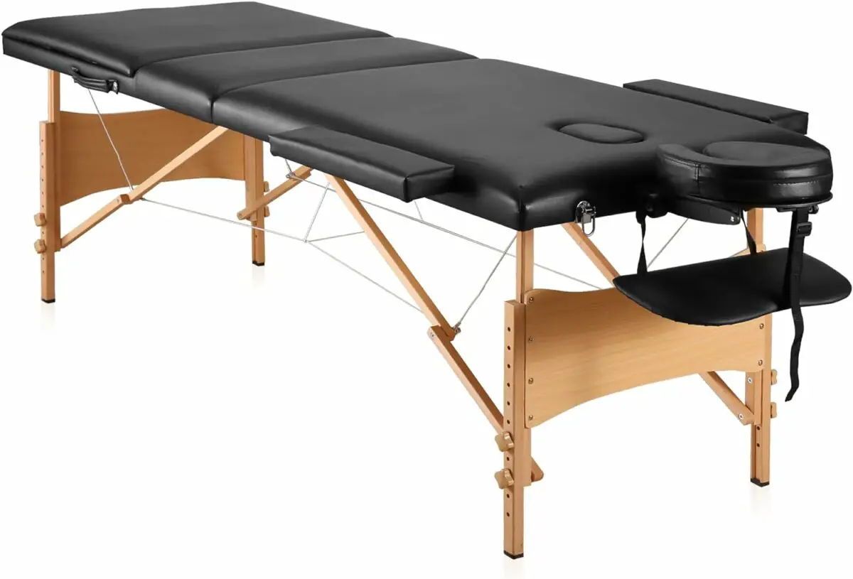 Careboda Massage Table Professional Portable Spa Lash Bed 3 Fold 82 Inches Height Adjustable with Hard Beech Legs for Tattoo Eyelash Carrying Bag and Accessories