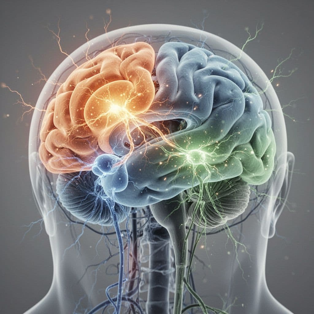 Close-up semi-transparent human brain highlighting prefrontal cortex in orange for emotion regulation, amygdala in blue for stress reduction, and anterior cingulate cortex in green for empathy, with sparking neural pathways on a neutral gray background. Photorealistic medical illustration with soothing mood.