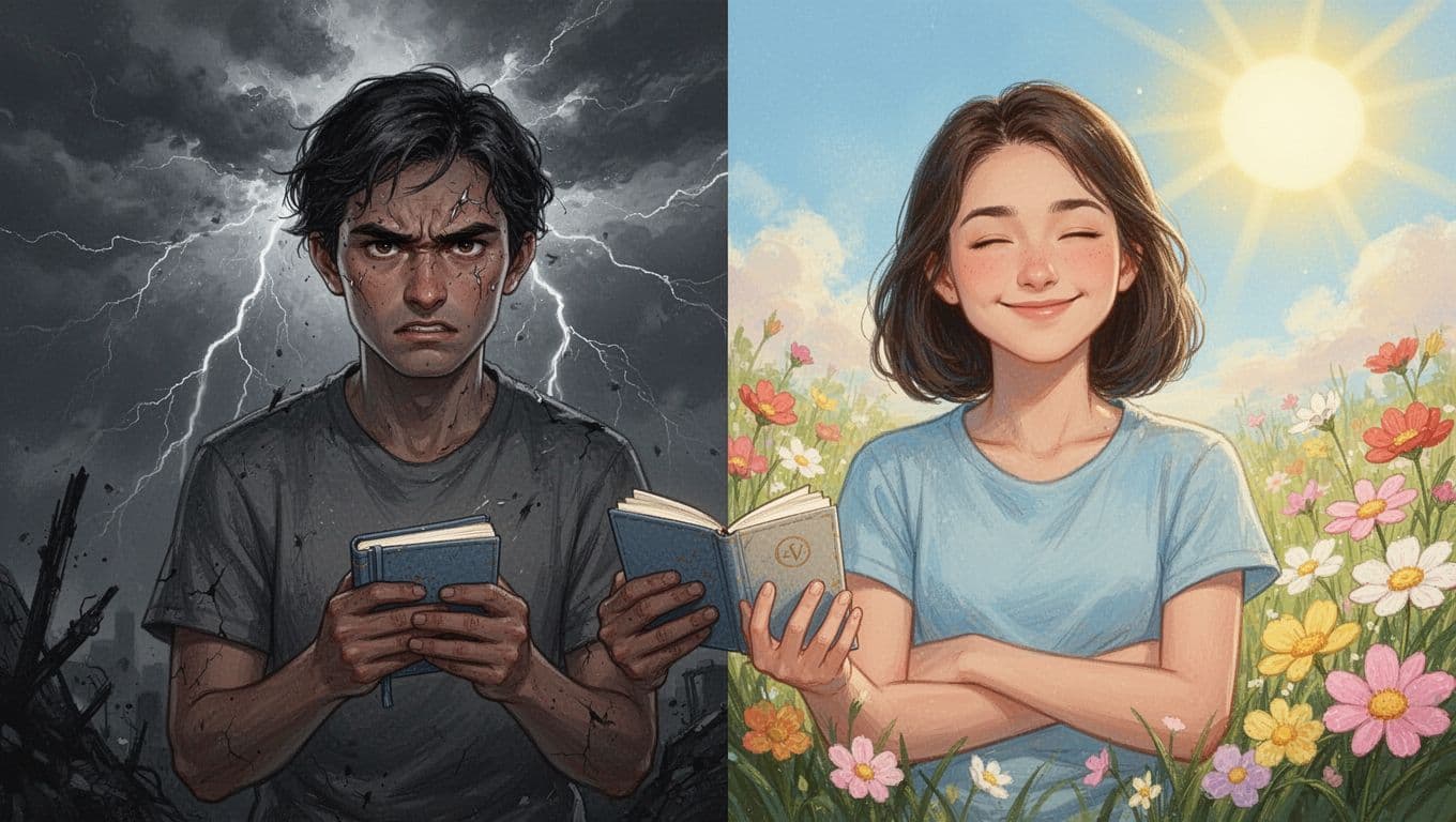 Split scene illustrating a person's shift from stress on the left (tense posture, stormy background) to positivity on the right (relaxed smile, sunny flowers), bridged by a gratitude journal.