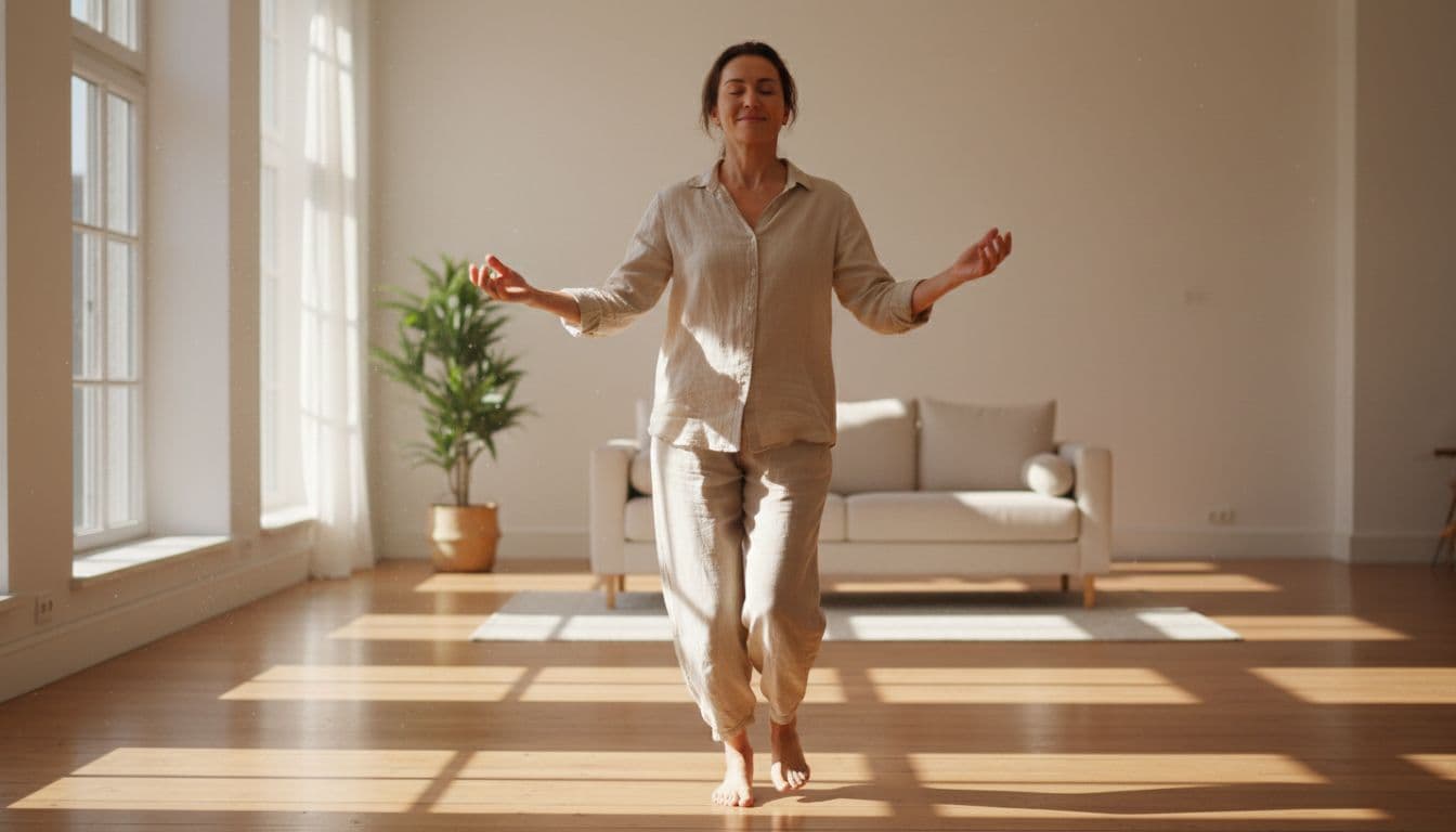A barefoot adult stands in a bright spacious living room with wooden floor, gently shaking hands from wrists then arms and legs from ankles upward in a loose relaxed posture with a soft smile.