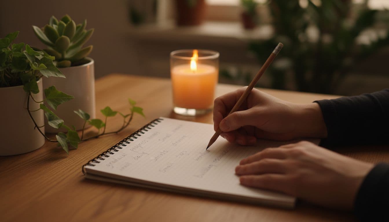 Close-up of two relaxed hands holding a pencil loosely and writing simple neutral affirmations like gradual progress notes in an open notebook on a cozy desk with plants and candlelight. Photorealistic style features warm inviting lighting and soft focus background, with no people above the waist and no extra objects.
