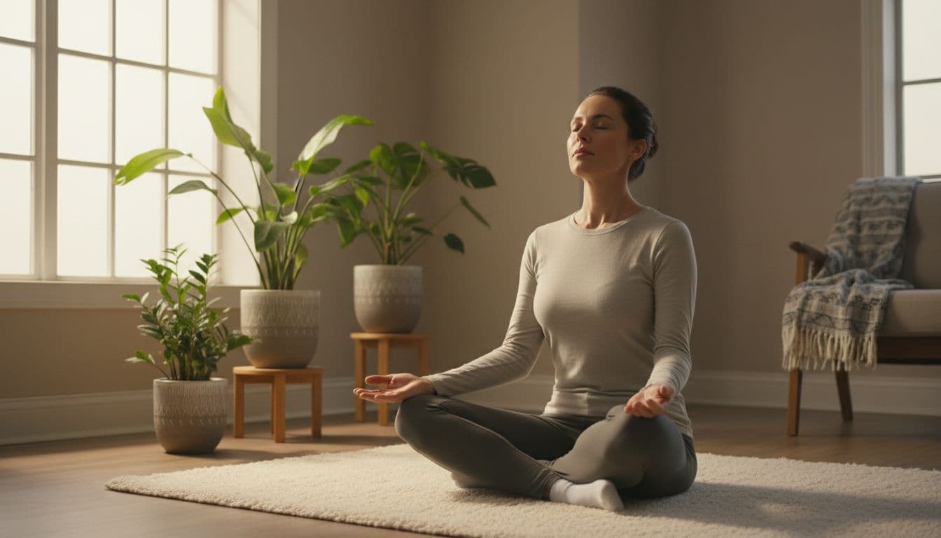 A single adult sits cross-legged on a soft mat in a calm home room with plants and soft window light, hands on knees, eyes closed, shoulders relaxed, focusing on slow deep breathing. Realistic serene style with warm natural lighting emphasizing peaceful posture.