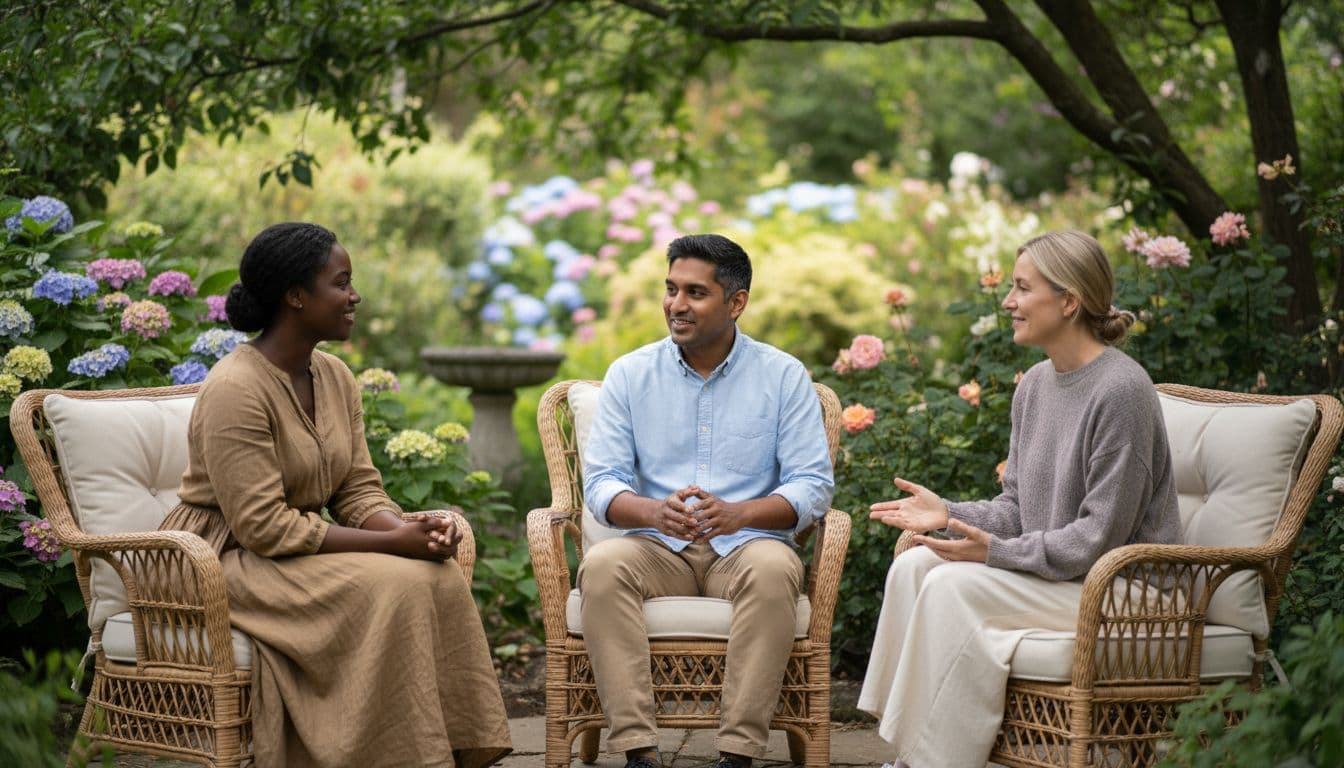 Can Faith Help Emotional Healing? Hope Without False Promises 2 A small group of three diverse adults sits in a circle outdoors in a garden, talking supportively with gentle smiles under natural daylight, emphasizing connection and listening.