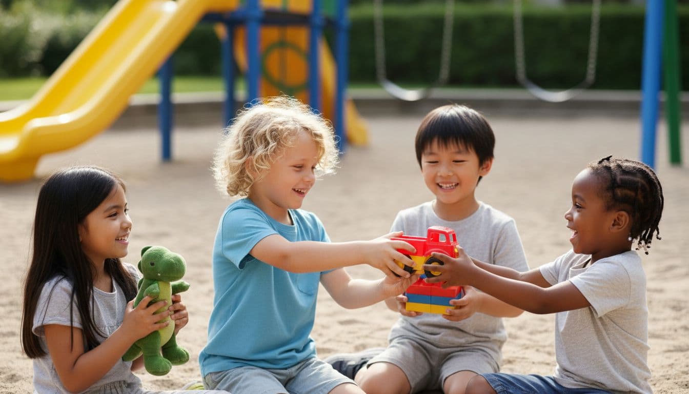 How to Raise Kind Children in an Unkind World 2 Group of four diverse children aged 5-8 with joyful expressions sharing toys in a sunny playground, one handing a toy to another, centered on the act of sharing to teach empathy.