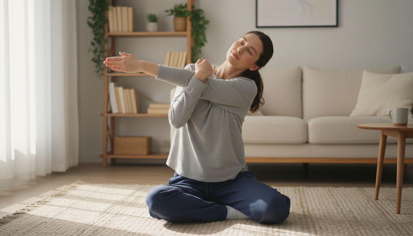 7 Morning Practices for Nervous System Regulation 3 An adult in comfortable clothes performs a gentle arm stretch and neck roll on a living room rug, bathed in soft morning sunlight from the window. Side view captures a relaxed expression and simple pose in a cozy home interior with natural lighting.
