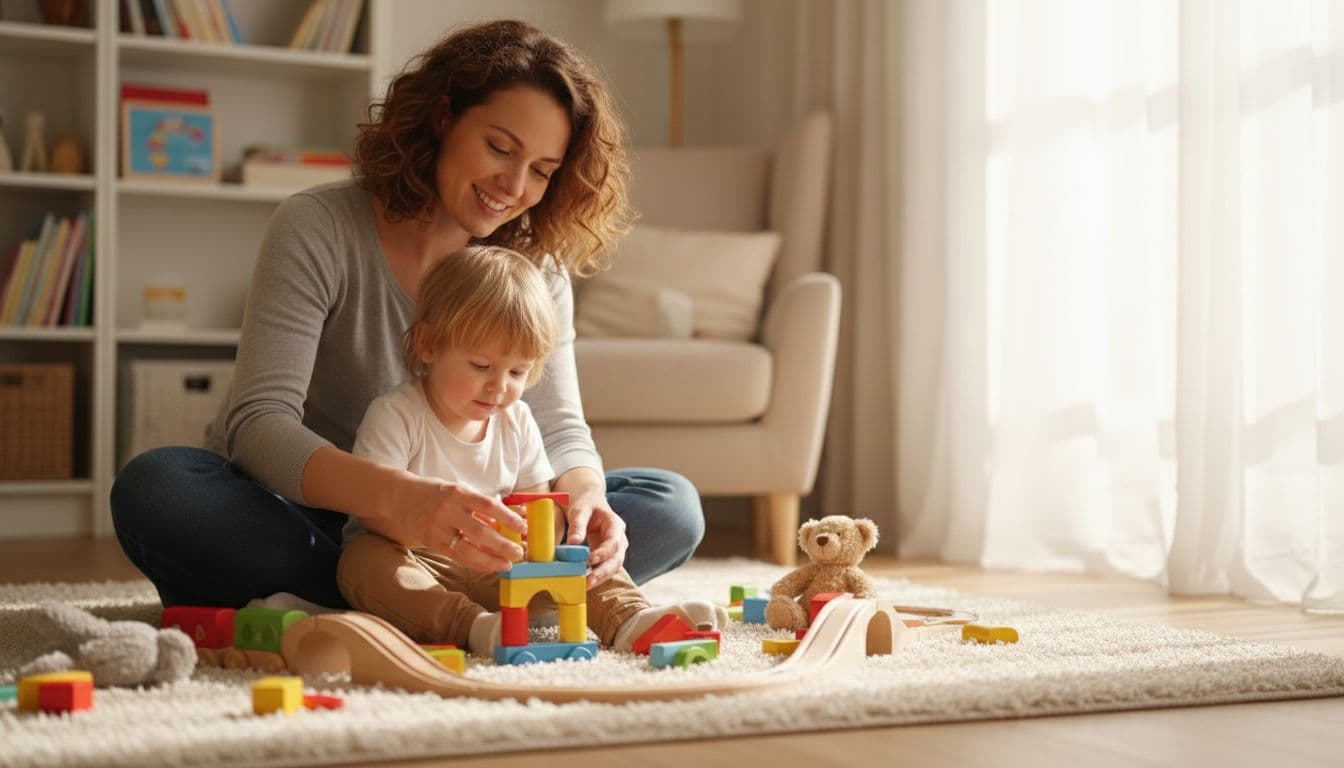How to Raise Kind Children in an Unkind World 1 A parent and young child share a kind moment at home, sitting on the floor playing with toys together in warm natural light from a window, with soft focus on their smiling faces.