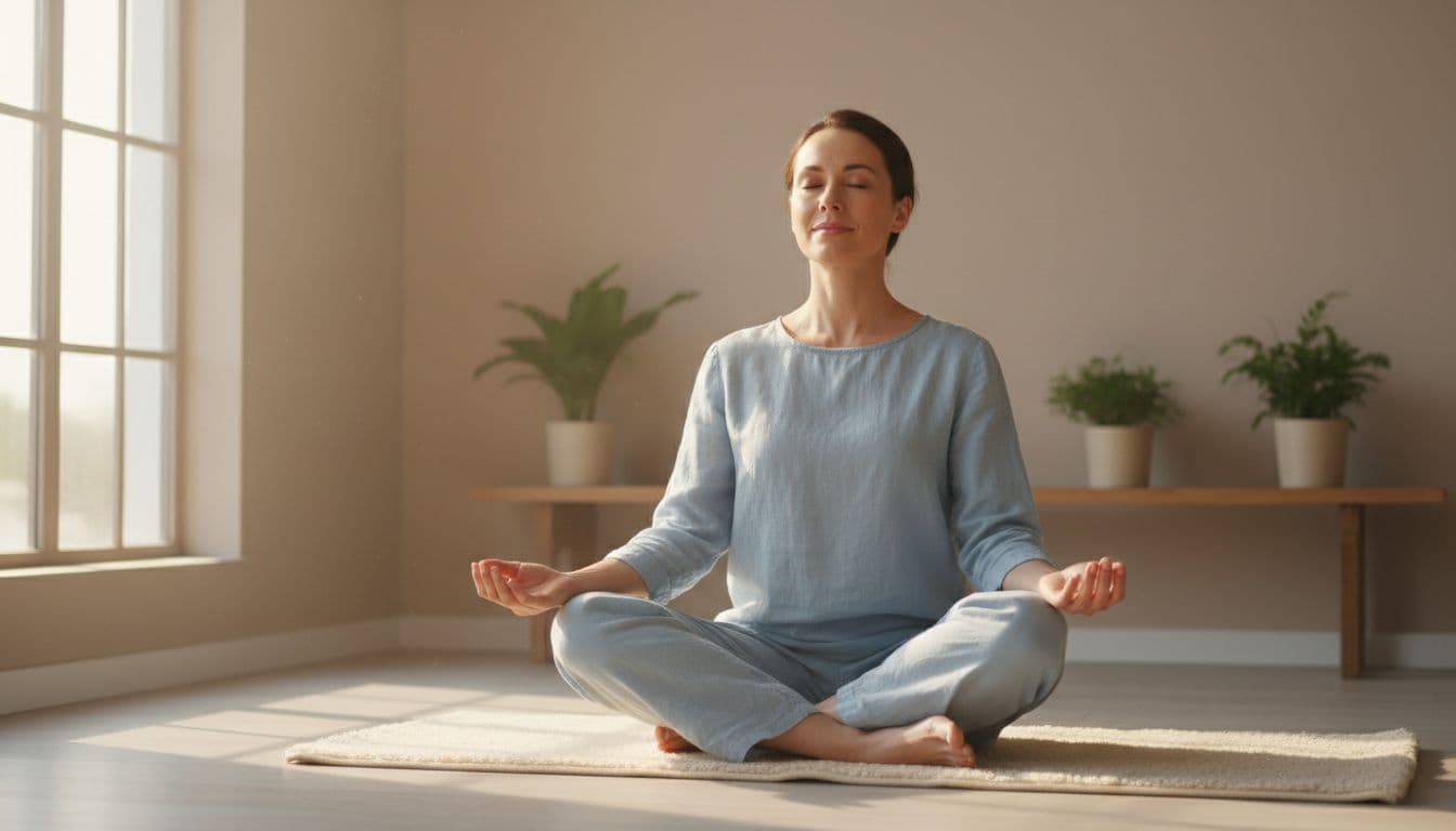 7 Morning Practices for Nervous System Regulation 1 Serene adult sitting cross-legged on a soft mat in a quiet sunlit room, eyes closed, hands on knees, practicing deep breathing with relaxed shoulders.