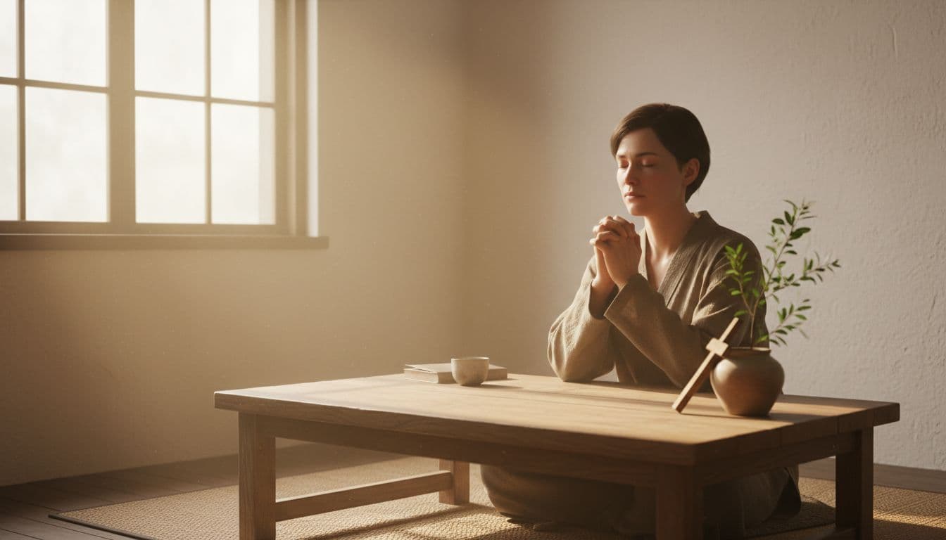 Can Faith Help Emotional Healing? Hope Without False Promises 1 A single person sitting quietly in a peaceful room with soft natural light filtering through a window, hands folded in prayer on a table, calm expression, simple wooden cross nearby, serene atmosphere.