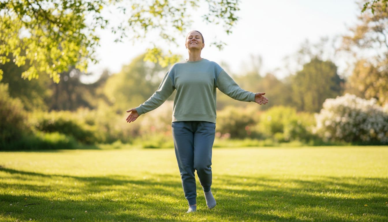 Single adult stands in park shaking arms and legs loosely with joyful expression, soft motion blur on limbs, green grass and trees behind.