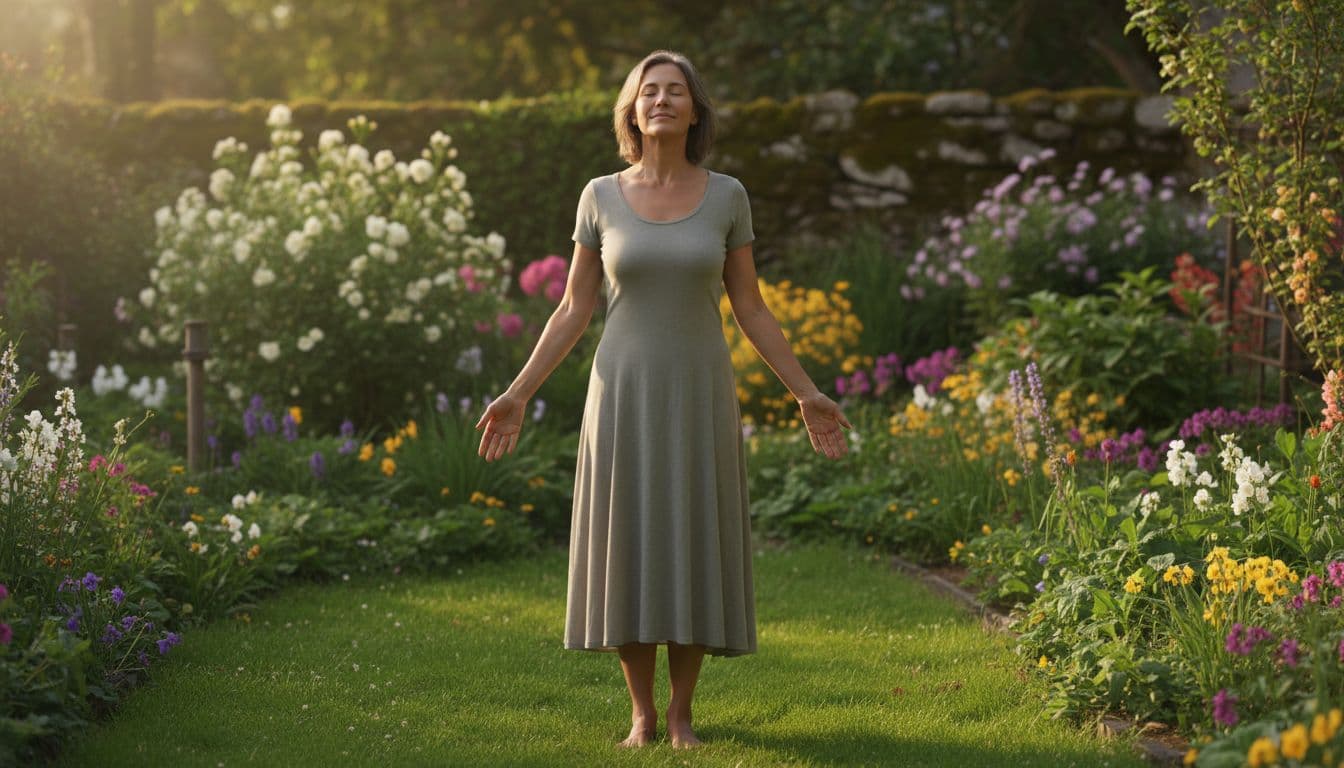Adult stands barefoot on green grass in garden, eyes closed, arms at sides, calm expression under soft sunlight.