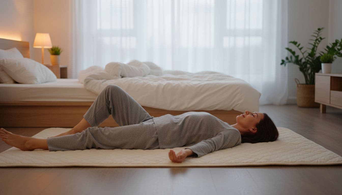 How to Calm Overthinking With Body-Based Practices 1 An adult lies comfortably on their back on a soft mat in a tranquil bedroom with dim lighting, eyes closed, arms relaxed by sides with palms up, legs slightly apart, embodying full body relaxation during body scan meditation.