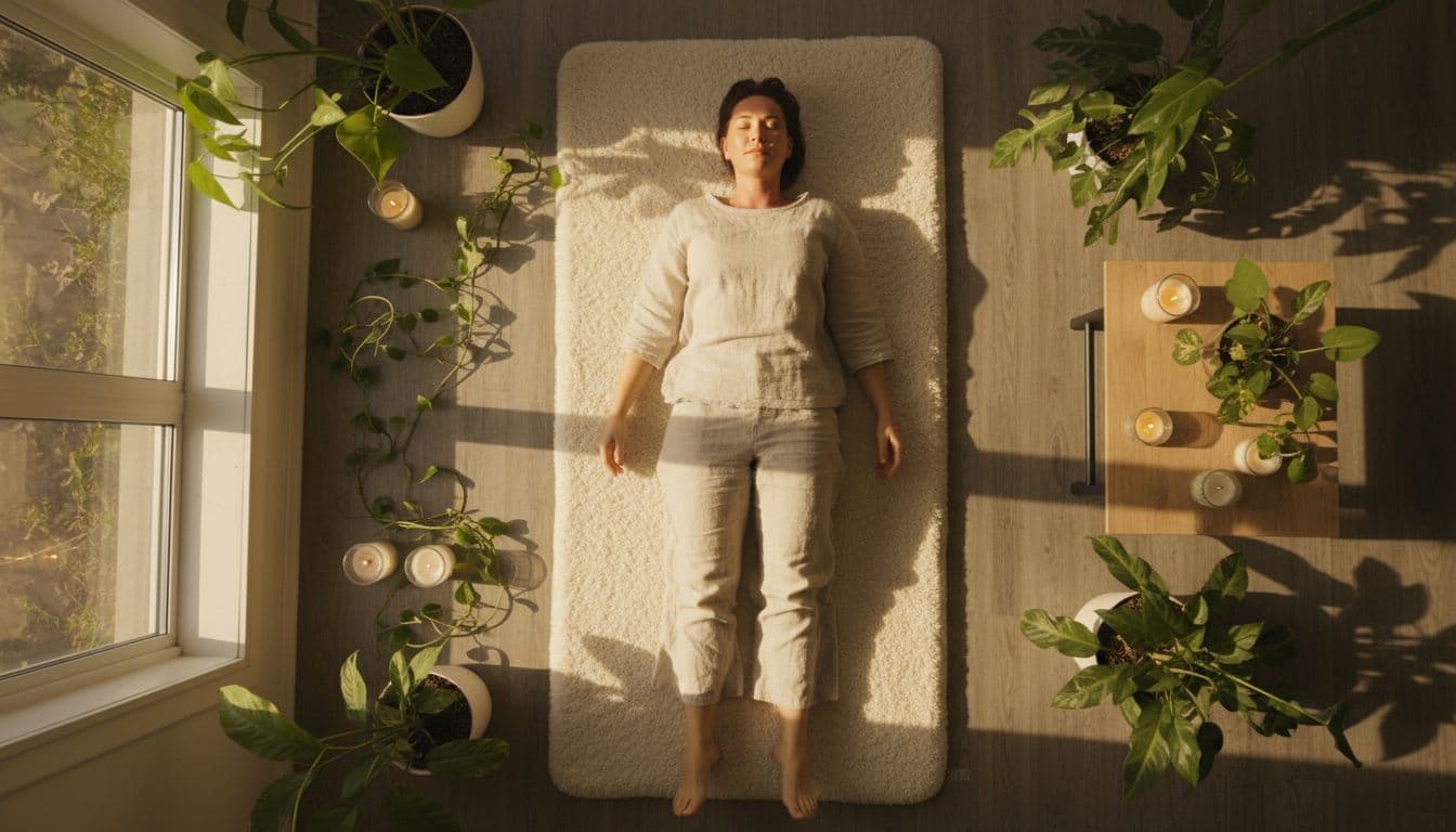 A Gentle Body Scan Meditation for Stress and Tension Relief 1 A calm adult lies supine on a soft mat in a dimly lit peaceful room with plants and candlelight, eyes closed in deep relaxation with no visible tension. Full body overhead view in photorealistic style illustrates physical tension release during body scan meditation.