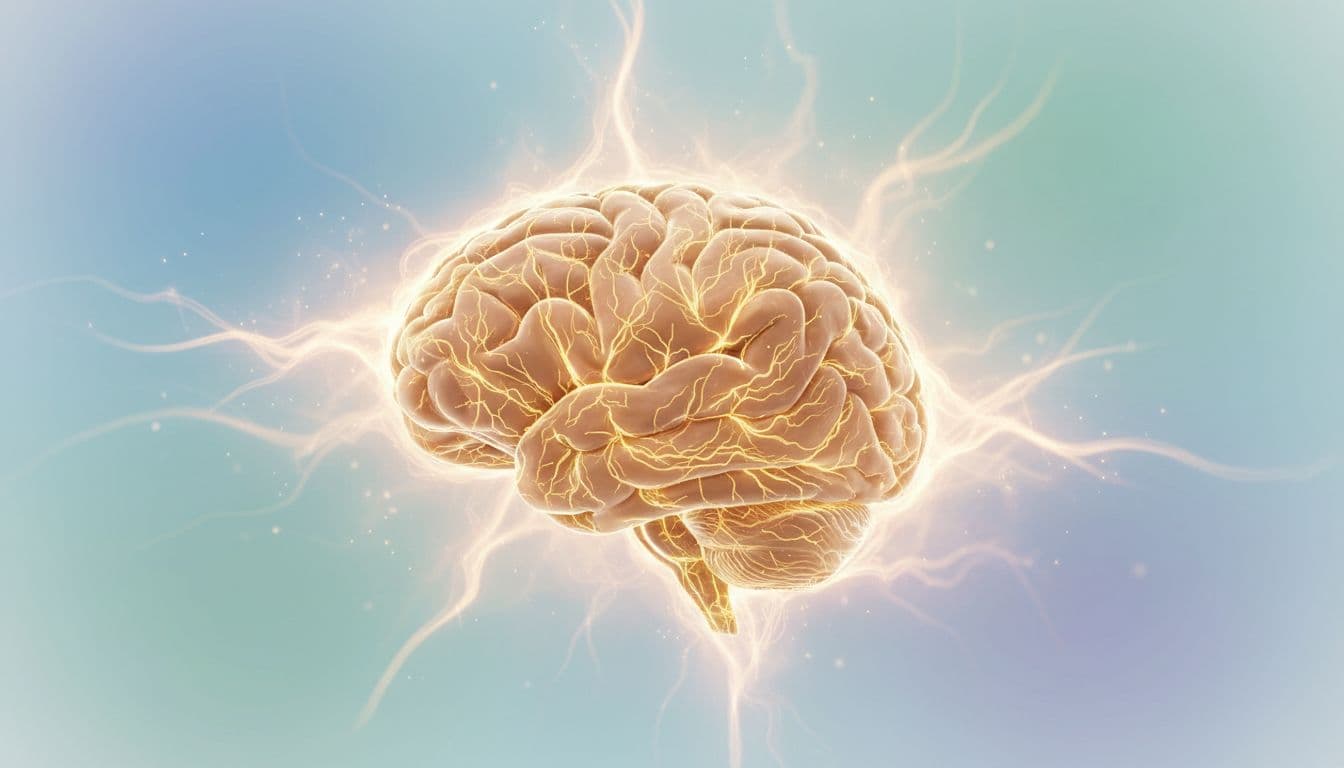 How Positivity Affects the Brain and Mental Well-Being 1 Realistic medical illustration of a human brain with neural pathways lighting up in warm golden hues, symbolizing positivity on a serene wellness background with soft energy glow.