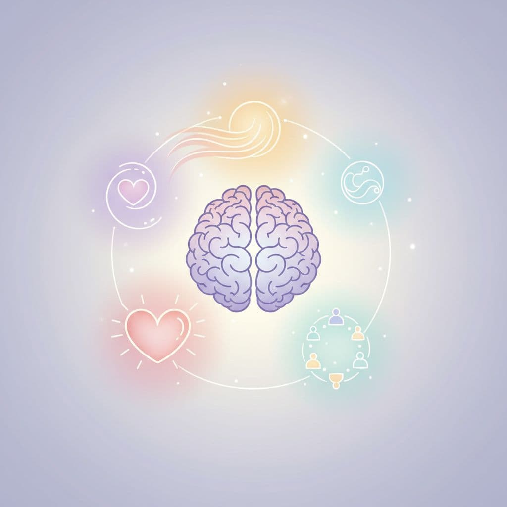 How Positivity Affects the Brain and Mental Well-Being 3 Abstract illustration of a brain encircled by heart for self-love, sun for optimism, and connected people icons for social bonds, featuring subtle glowing effects in soft pastel colors.