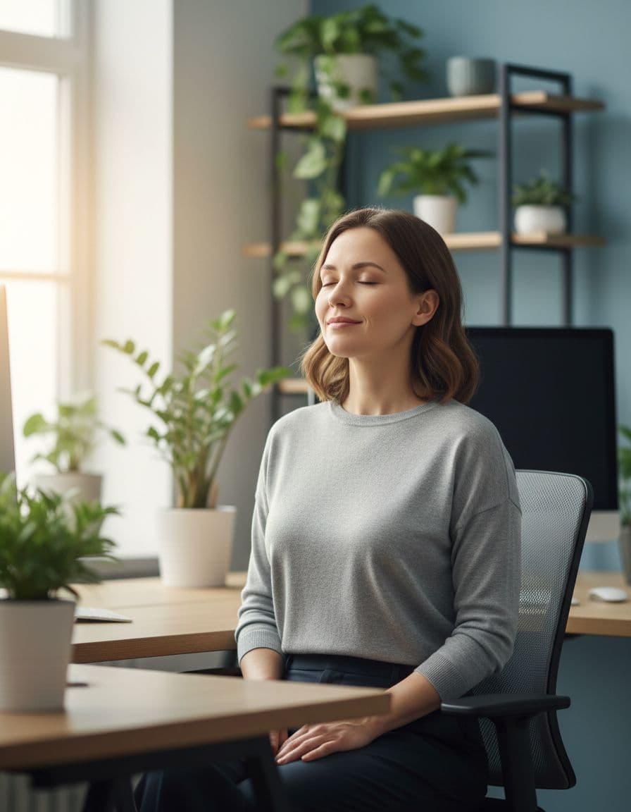 A calm professional woman at her office desk smiles while breathing deeply, hands relaxed on her lap in a modern workspace with plants and soft window light.