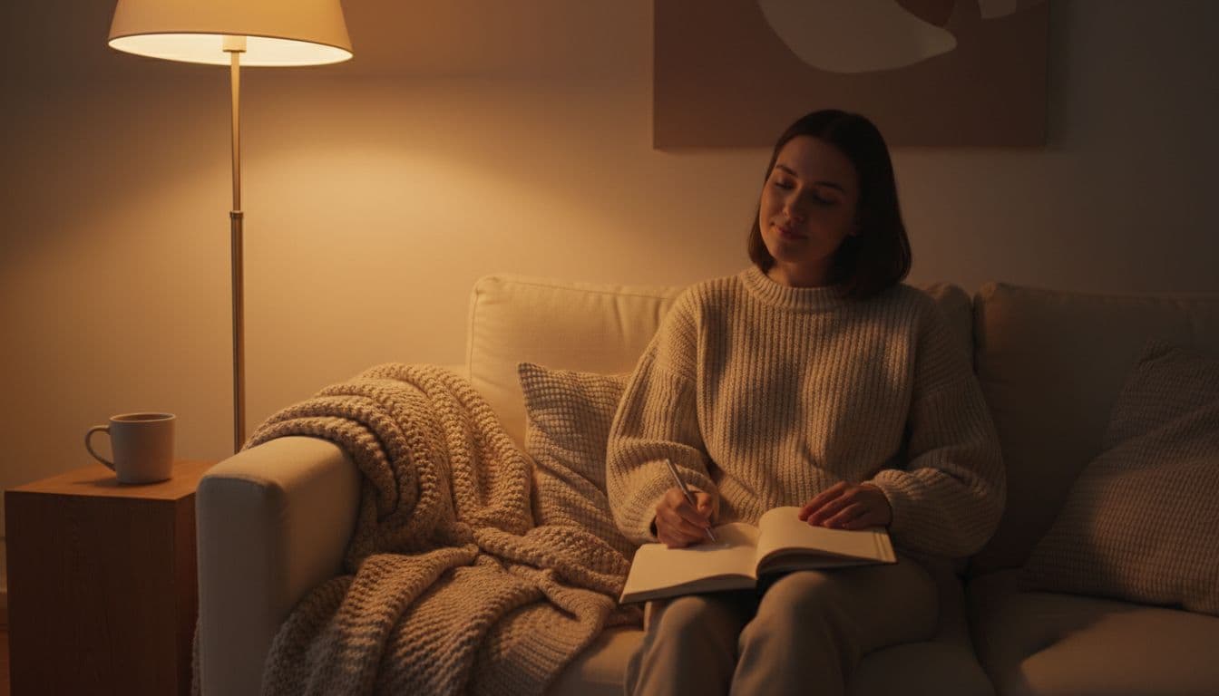 A person in a cozy evening home setting writes in a gratitude journal on a couch, illuminated by warm lamp light with a relaxed expression. Simple room features only a notebook and pen as props, with hands resting naturally on the journal.