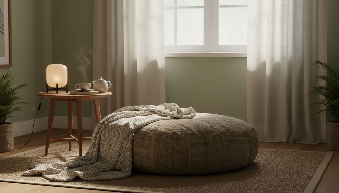 A Gentle Body Scan Meditation for Stress and Tension Relief 2 Serene meditation corner in a cozy home with soft blanket, cushion, dim lamp, and cup of tea, evoking an inviting calm atmosphere with warm lighting.