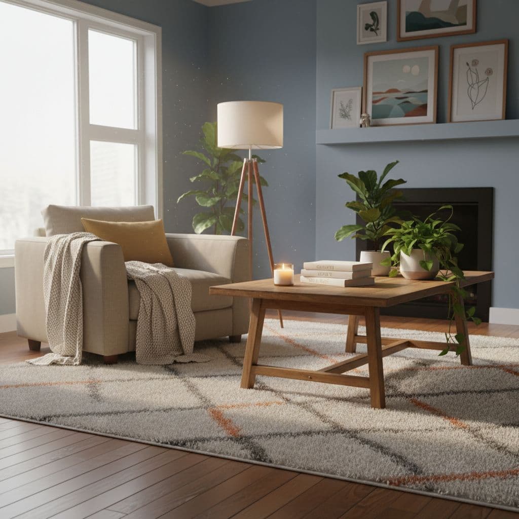 How to Manifest Positivity Without Forcing It 1 Cozy living room scene with uplifting books, plants, and a candle on a table, illuminated by soft warm lighting, creating an inviting atmosphere for positive habits. Photorealistic composition with no people, text, or borders.