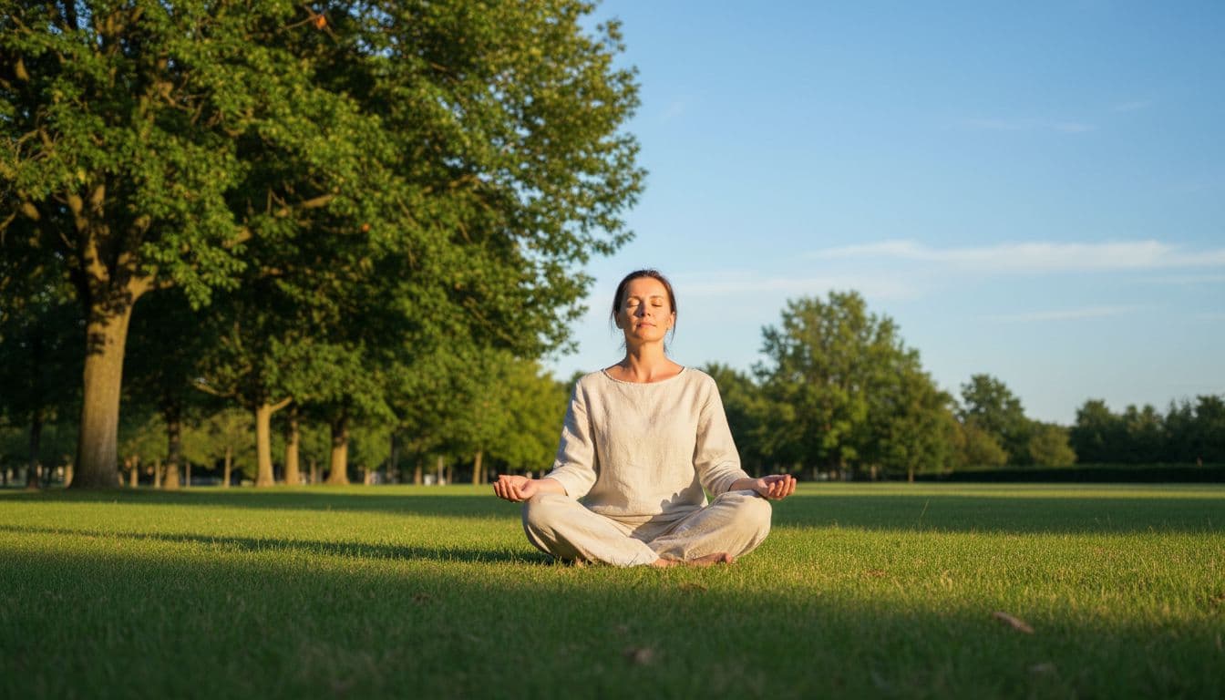 A person sits cross-legged on lush grass in a sunny park, eyes closed in deep breathwork meditation with hands resting palms up on knees, surrounded by green trees, blue sky, and morning golden sunlight, capturing a peaceful and calm expression.