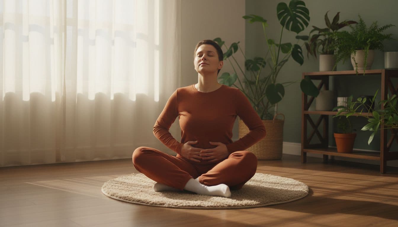 Adult sits cross-legged on mat, eyes closed, hands on belly in indoor space with plants and soft light.