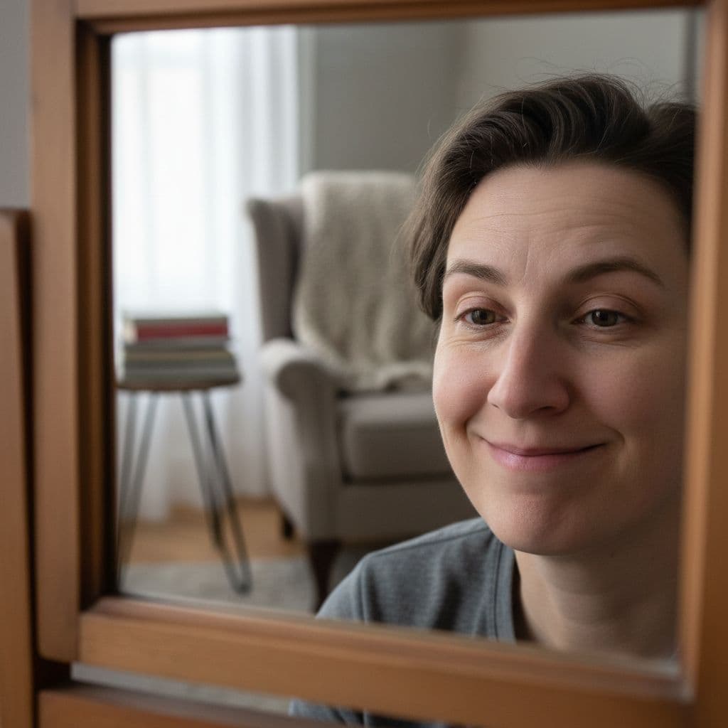 How to Fake Positivity, and What Helps More 1 An adult alone in a cozy room forces a bright smile at their mirror reflection, subtle dark circles under eyes betraying exhaustion, captured in close-up realistic photography with soft window light.