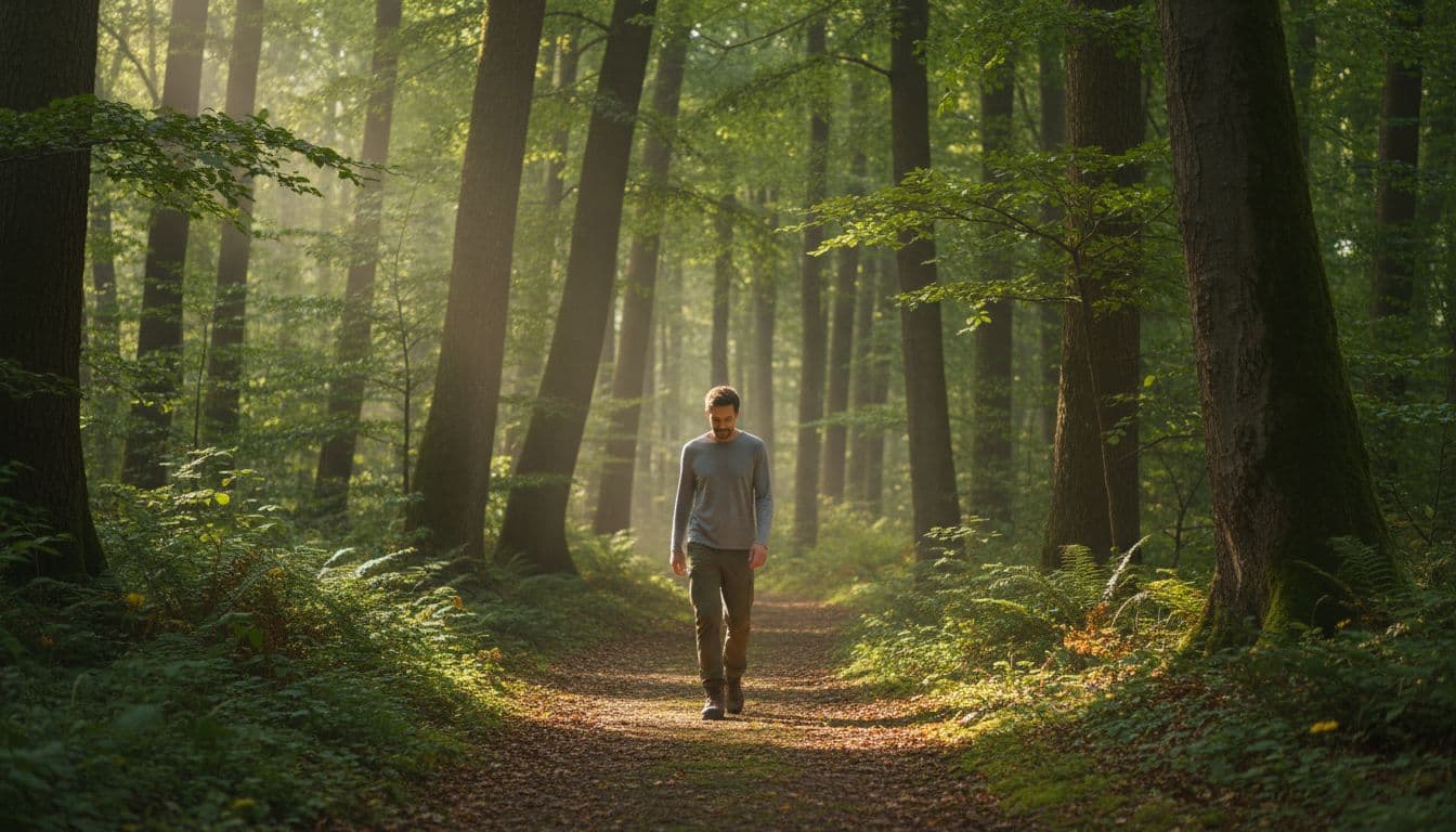 A single person walks slowly with a relaxed posture along a serene forest path lined with tall trees and soft green foliage, bathed in gentle sunlight filtering through the leaves.