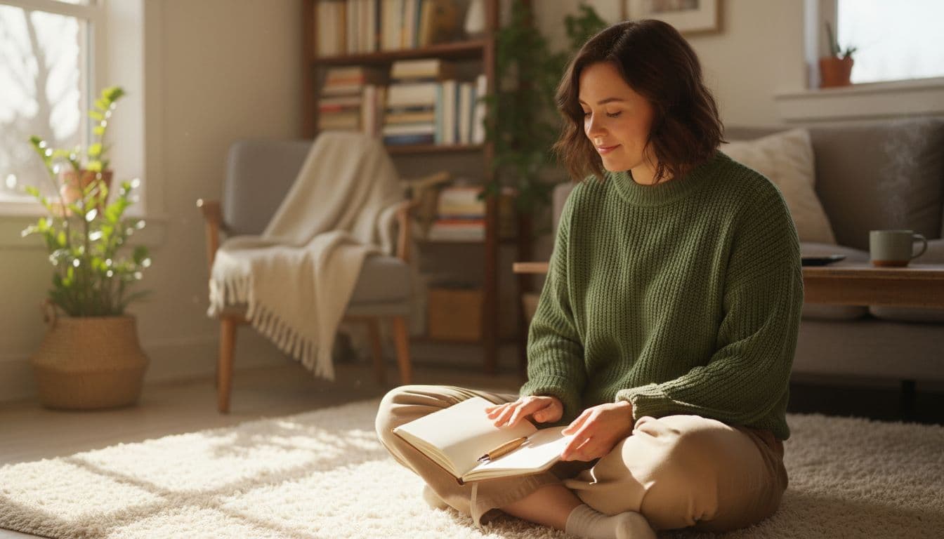 How Positivity Affects the Brain and Mental Well-Being 2 Person practicing gratitude journaling in a calm home setting with notebook open, pen resting, warm natural light, sitting relaxed, realistic photo style focusing on serene expression and cozy environment.