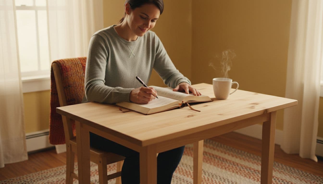 How to Build Emotional Resilience Without Suppressing Feelings 2 One adult at a simple wooden desk in a bright cozy room, writing thoughtfully in an open journal with a steaming mug of tea beside it, soft natural light, gentle smile, relaxed shoulders.