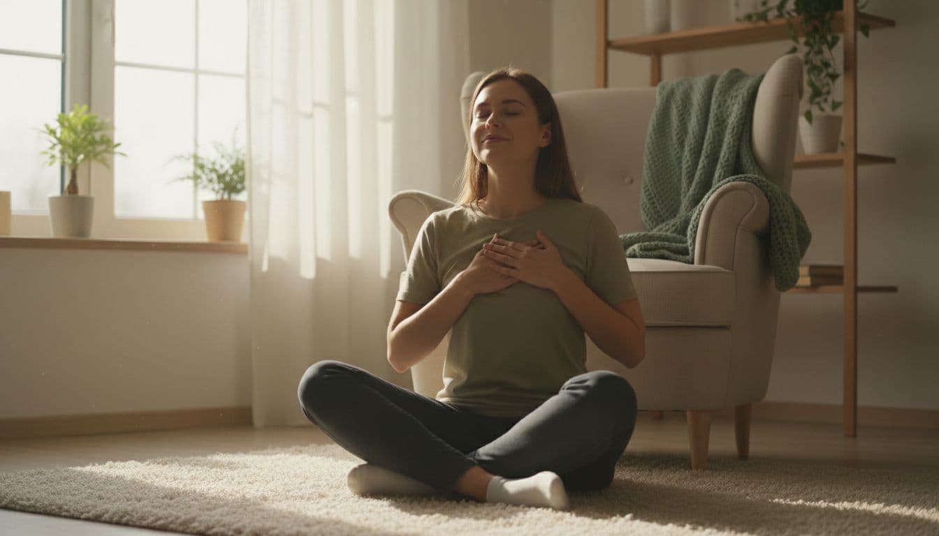 A single person sits comfortably in a quiet room with soft natural light filtering through a window, hands gently placed on their heart, eyes closed in calm self-soothing.