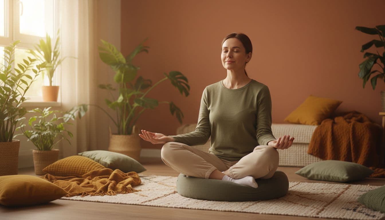 How to Build Emotional Resilience Without Suppressing Feelings 1 A single adult sits comfortably on a cushion in a serene home space with plants and soft window lighting, eyes closed, hands palms up on knees, calm facial expression processing inner emotions in warm earthy tones.