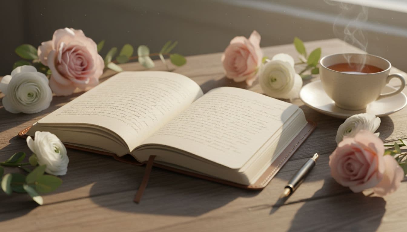 Close-up of an open journal on a wooden table with a pen nearby, surrounded by fresh flowers and a cup of tea. Handwritten gratitude notes in soft focus under warm golden hour morning light.