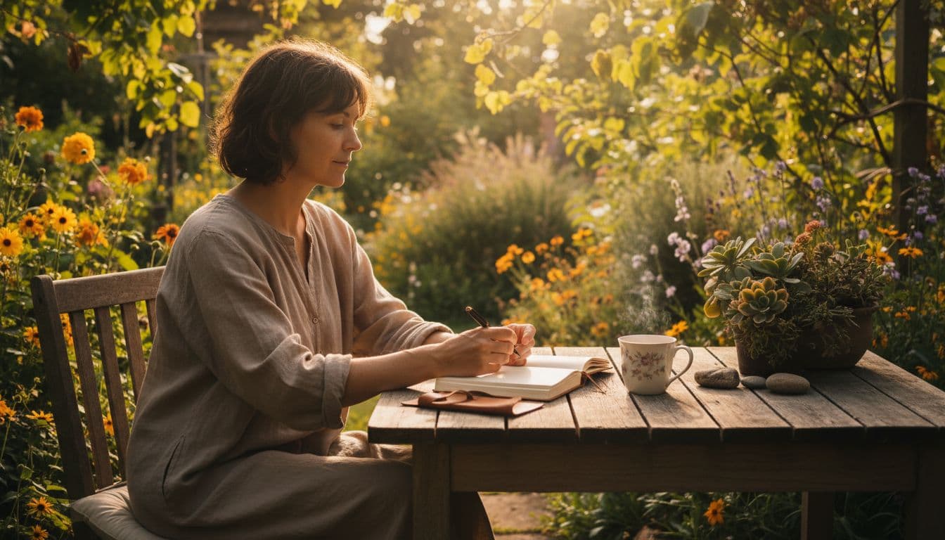 How to Build a Positive Mindset Without Faking It 1 A single adult sits calmly at a wooden table in a sunny garden, writing in an open journal beside a steaming cup of herbal tea, bathed in peaceful morning light filtering through leaves.