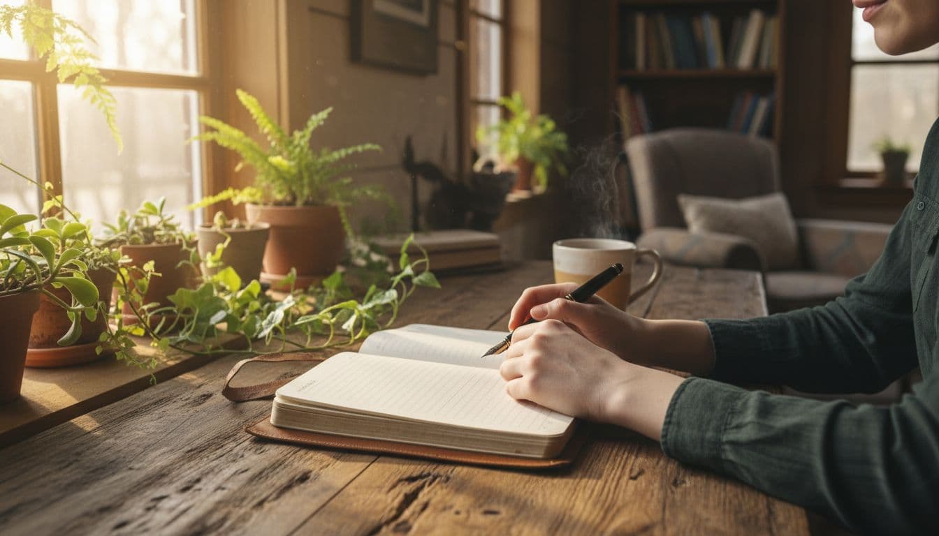 How to Stay Hopeful During Hard Times, One Day at a Time 1 Person at wooden desk writes in open journal with tea nearby, light through window with plants.