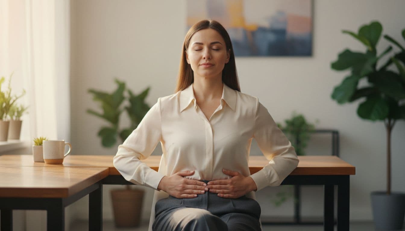 A calm professional woman in office clothes sits at a desk during a work break, eyes closed, hands on belly, practicing deep breathing with soft lighting and relaxed posture.