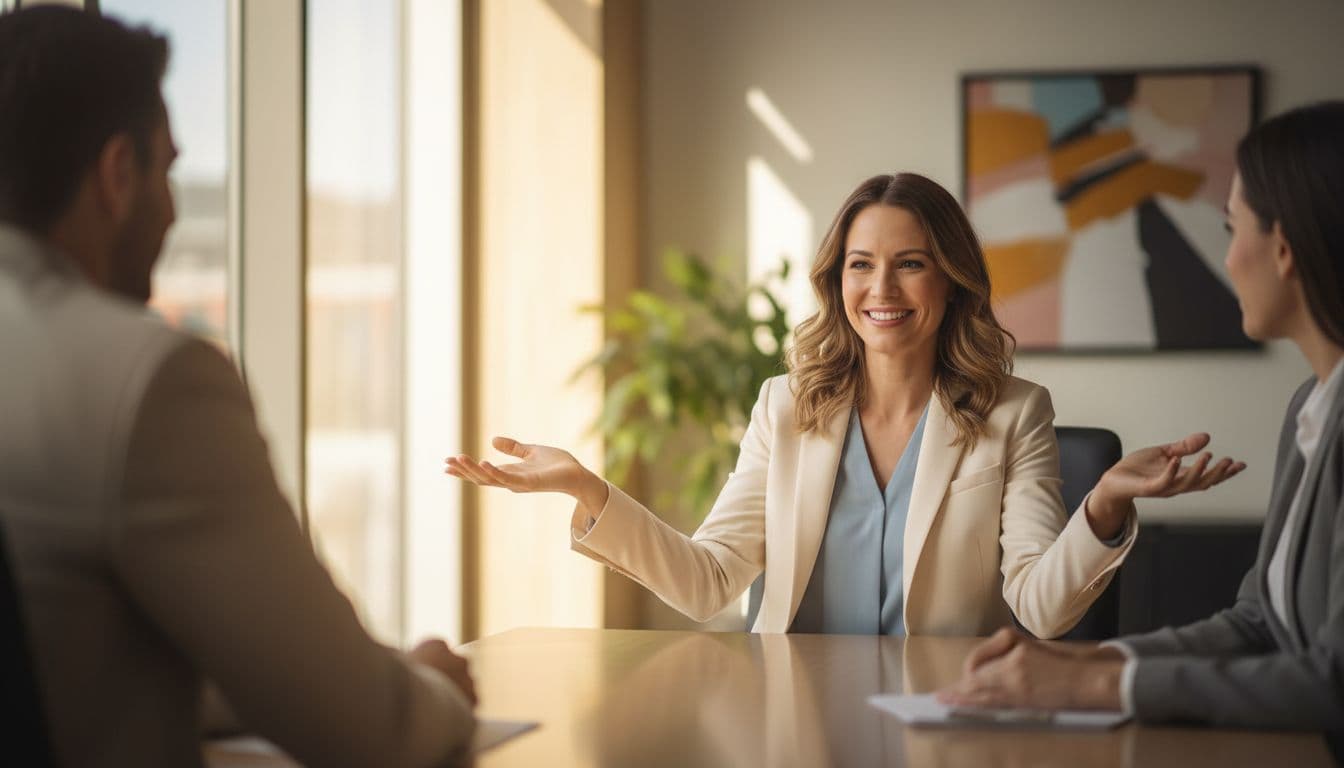 How to Project Positivity Without Faking It 1 A professional woman smiles warmly at colleagues in a modern office meeting, with relaxed open arms posture, natural daylight, and blurred background colleagues.