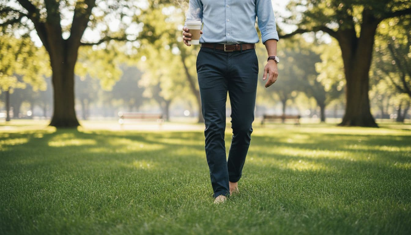 A busy parent walks barefoot on green grass in a park during lunch break, holding coffee with a soft smile, looking relaxed amid trees in natural daylight.