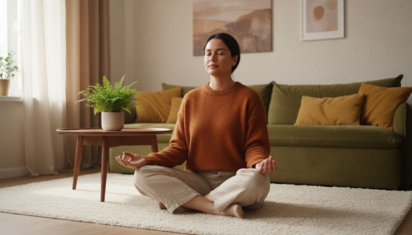 How to Build a Positive Mindset Without Faking It 2 A single adult in comfortable clothes sits cross-legged on a soft rug in a cozy living room, eyes closed in meditation with hands resting on knees, bathed in soft natural window light amid warm earth tones for a serene, realistic vibe.