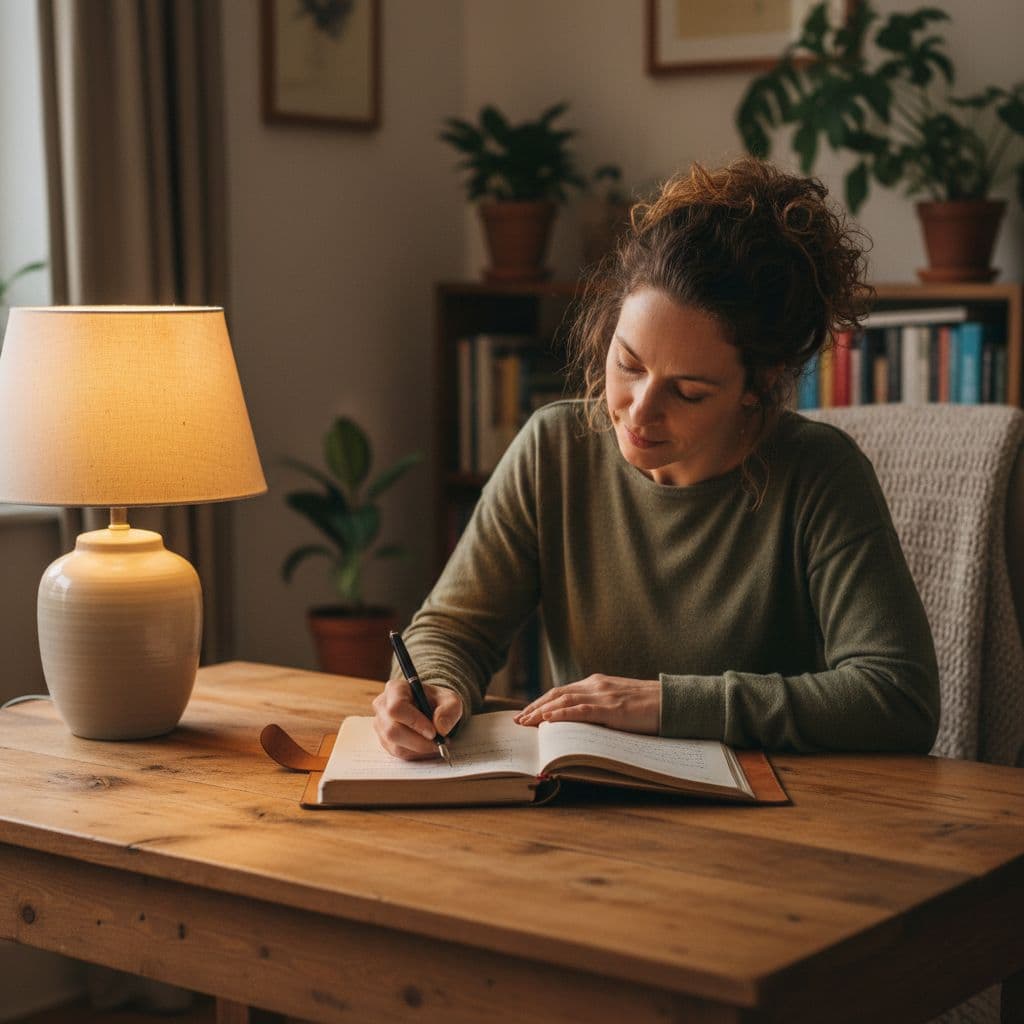 Positive Mindset: How Positivity Affects Your Life Every Day 1 One person seated at a simple wooden desk in a cozy room, writing in an open journal with a pen under soft warm lamp light, showing a serene focused expression to depict starting a daily gratitude habit.
