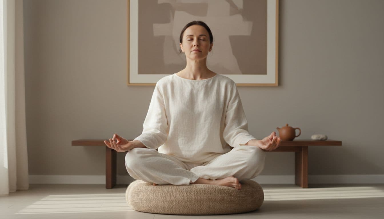 A Gentle Body Scan Meditation for Stress and Tension Relief 3 A serene adult in comfortable seated meditation posture on a floor cushion, eyes gently closed, hands palms up on knees, in a minimalist zen room with soft natural light, focusing on relaxed face and upper body.