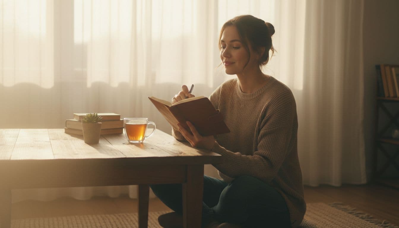 A serene woman sits relaxed at a wooden desk in a sunlit room, writing in a gratitude journal with a cup of tea nearby, soft natural light highlighting her calm face in a cozy setting.