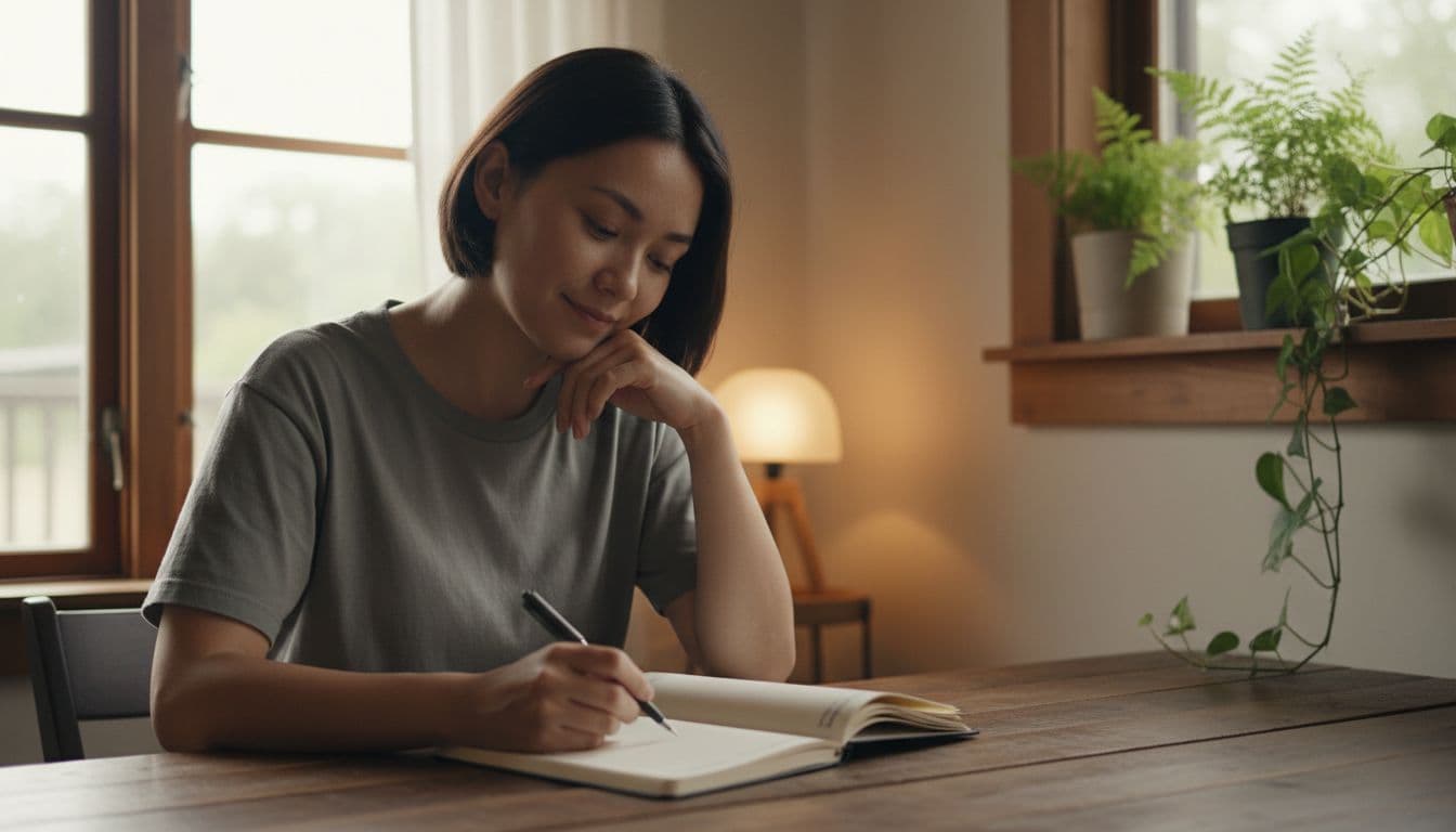 Person at wooden desk near window writes in open journal, relaxed shoulders, green plants on shelf.