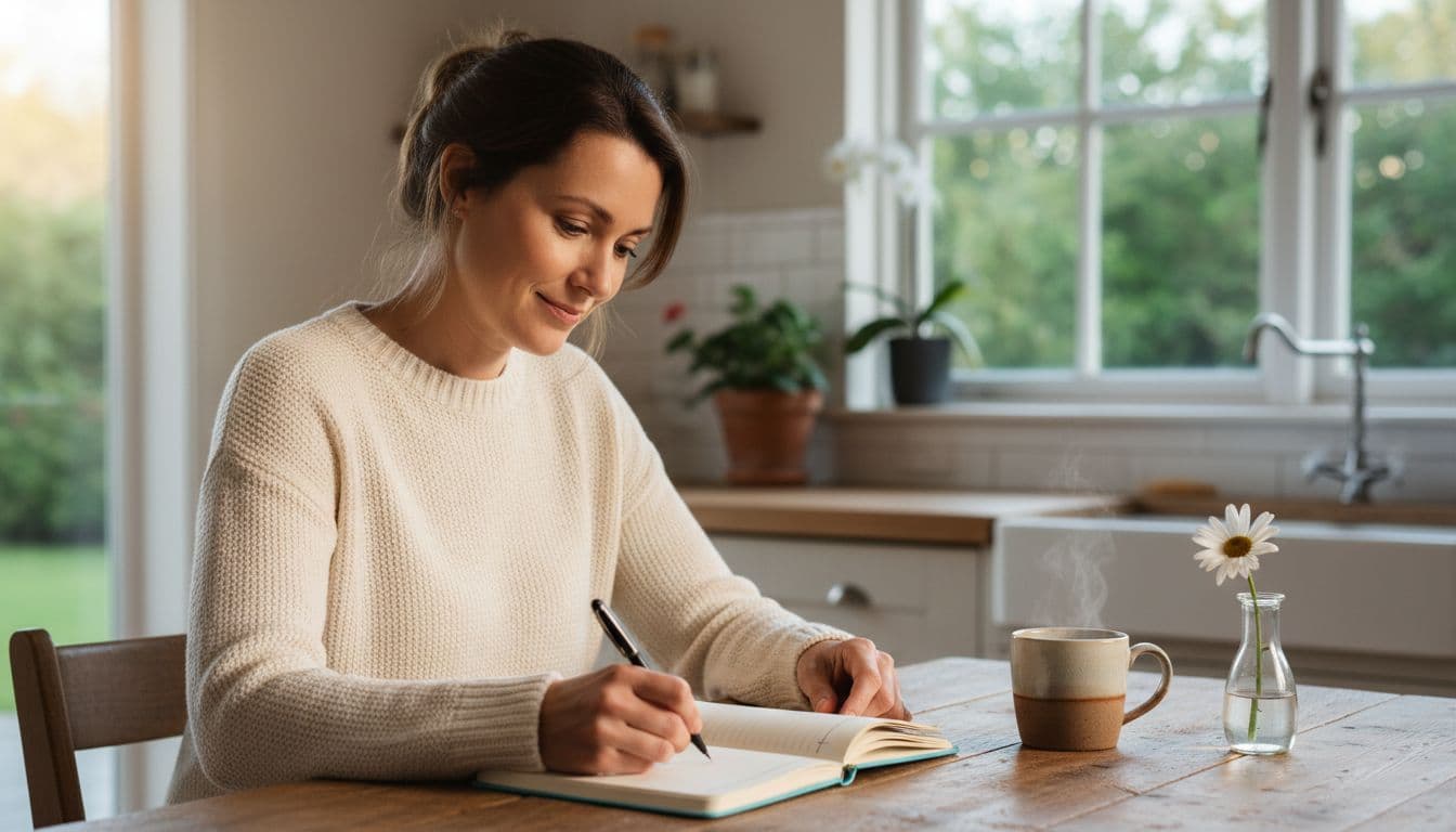 Adult woman at wooden desk in bright kitchen, writing in an open gratitude journal with pen, soft morning light, relaxed smile, simple setup with coffee mug and flower vase nearby, exactly one person.