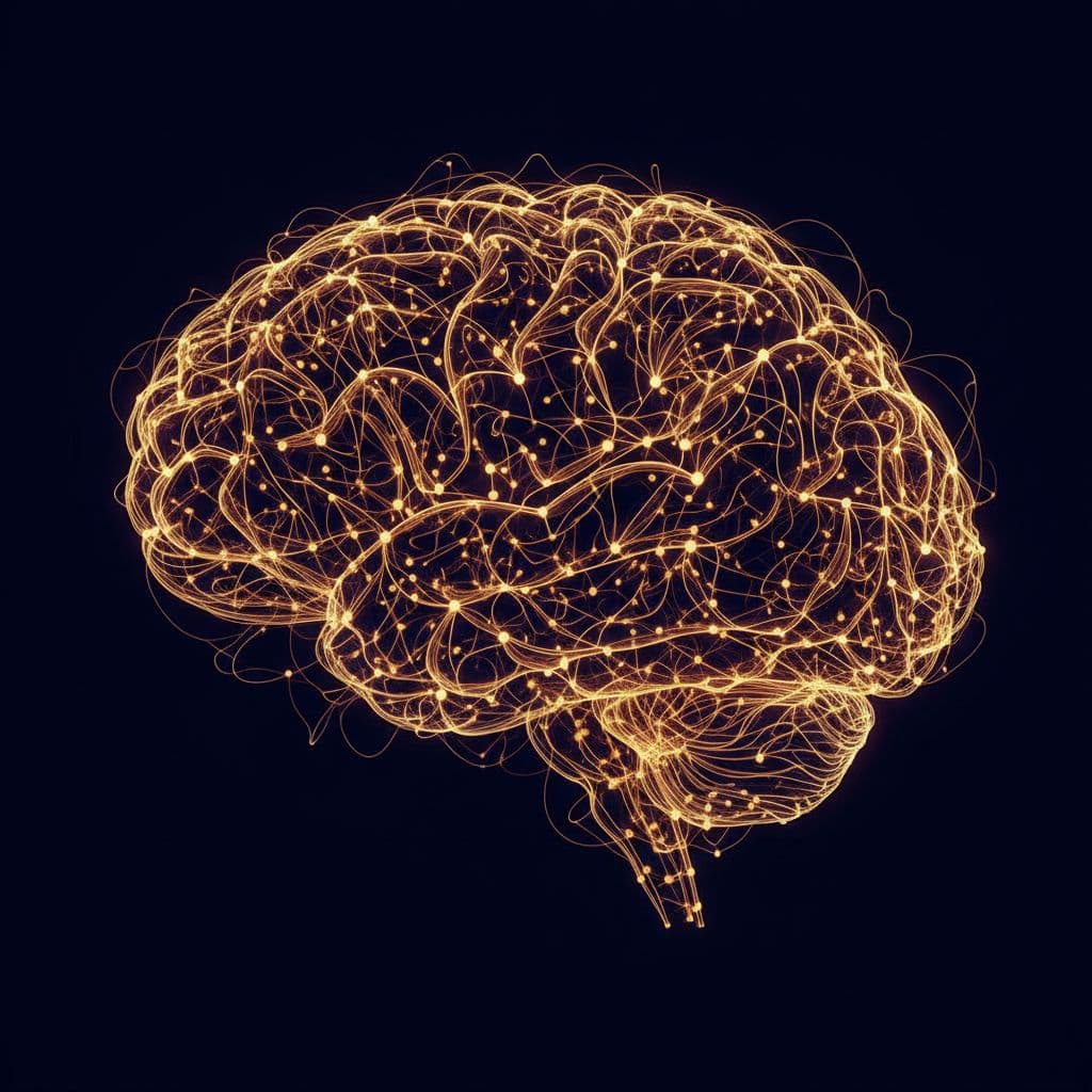 Can gratitude journaling actually change your brain? 2 Bright golden lines connect neural nodes against a dark abstract brain backdrop.