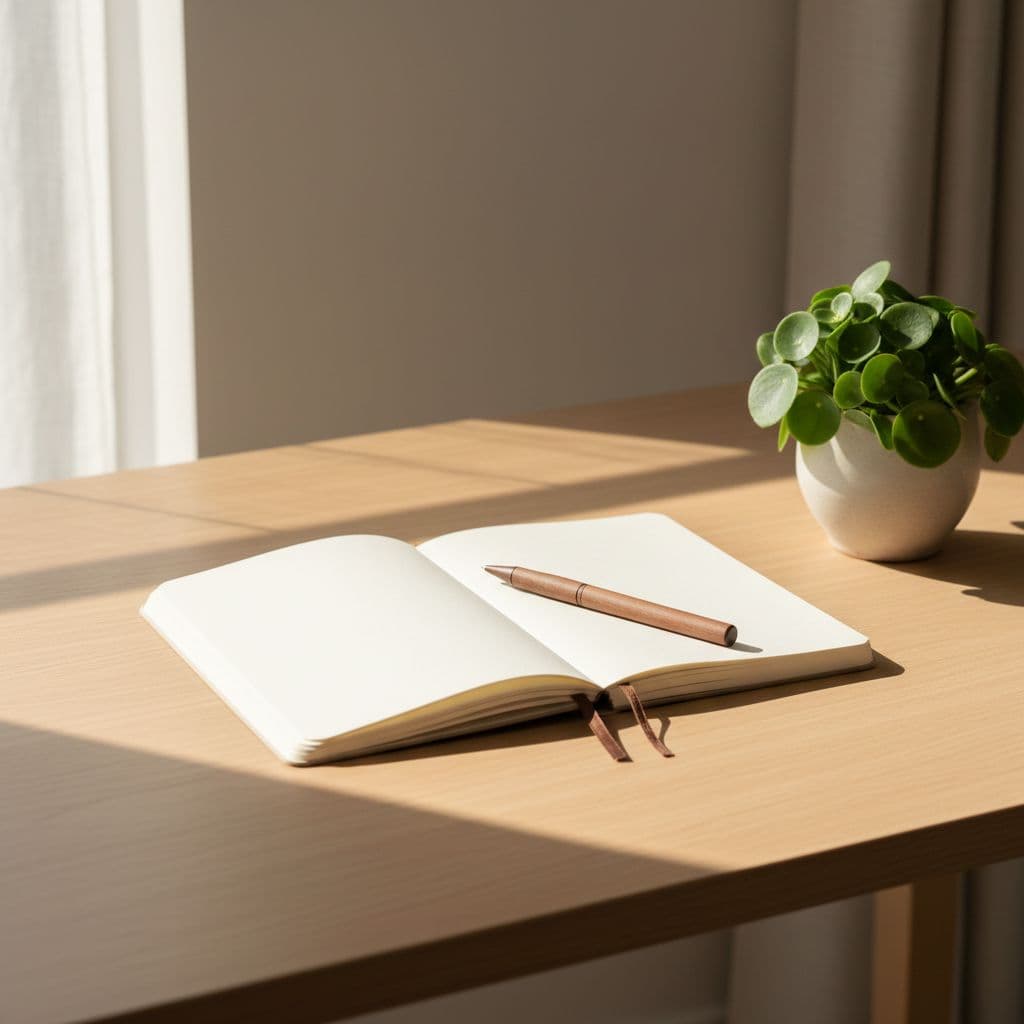A single notebook and pen rest on a wooden desk beside a small potted plant in morning sunlight.