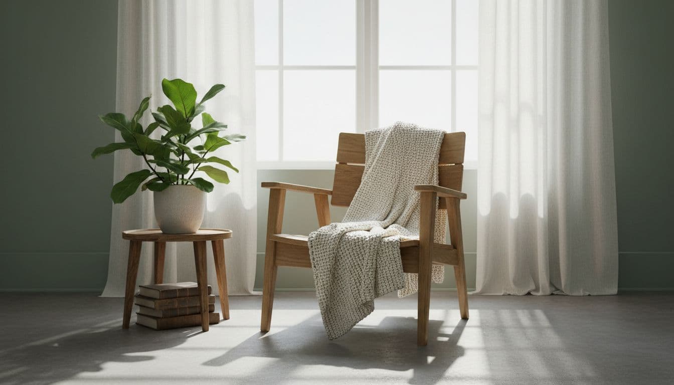 How to Set Boundaries Without Feeling Selfish or Guilty 3 A soft wool blanket rests on a wooden chair bathed in gentle morning sunlight.