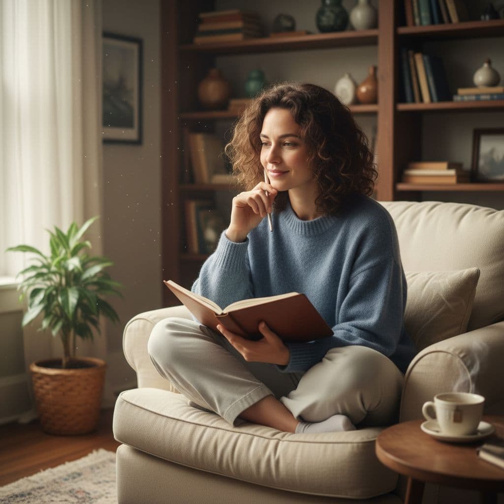 Can gratitude journaling actually change your brain? 3 A person sits comfortably in a chair holding a notebook in a sunlit indoor space.