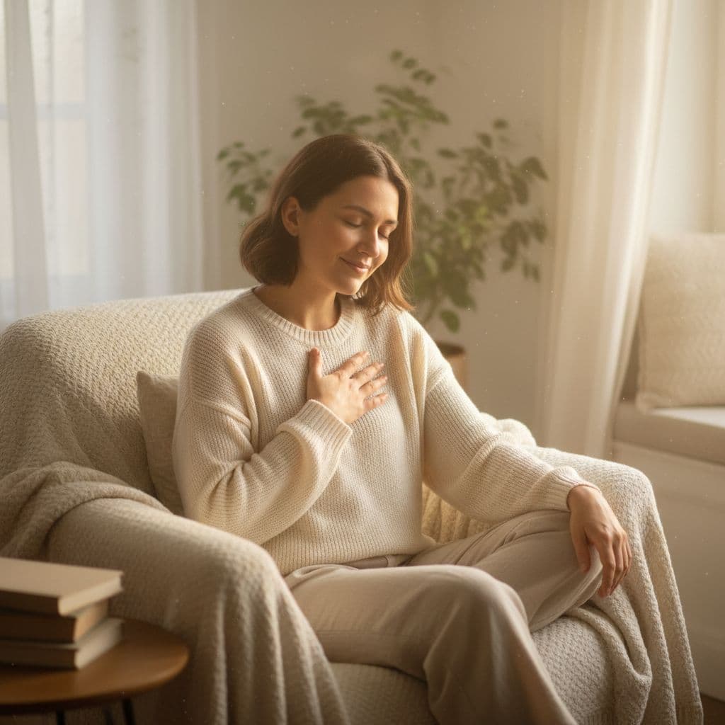 A person sits peacefully in a sunlit room with a hand resting gently on their chest.
