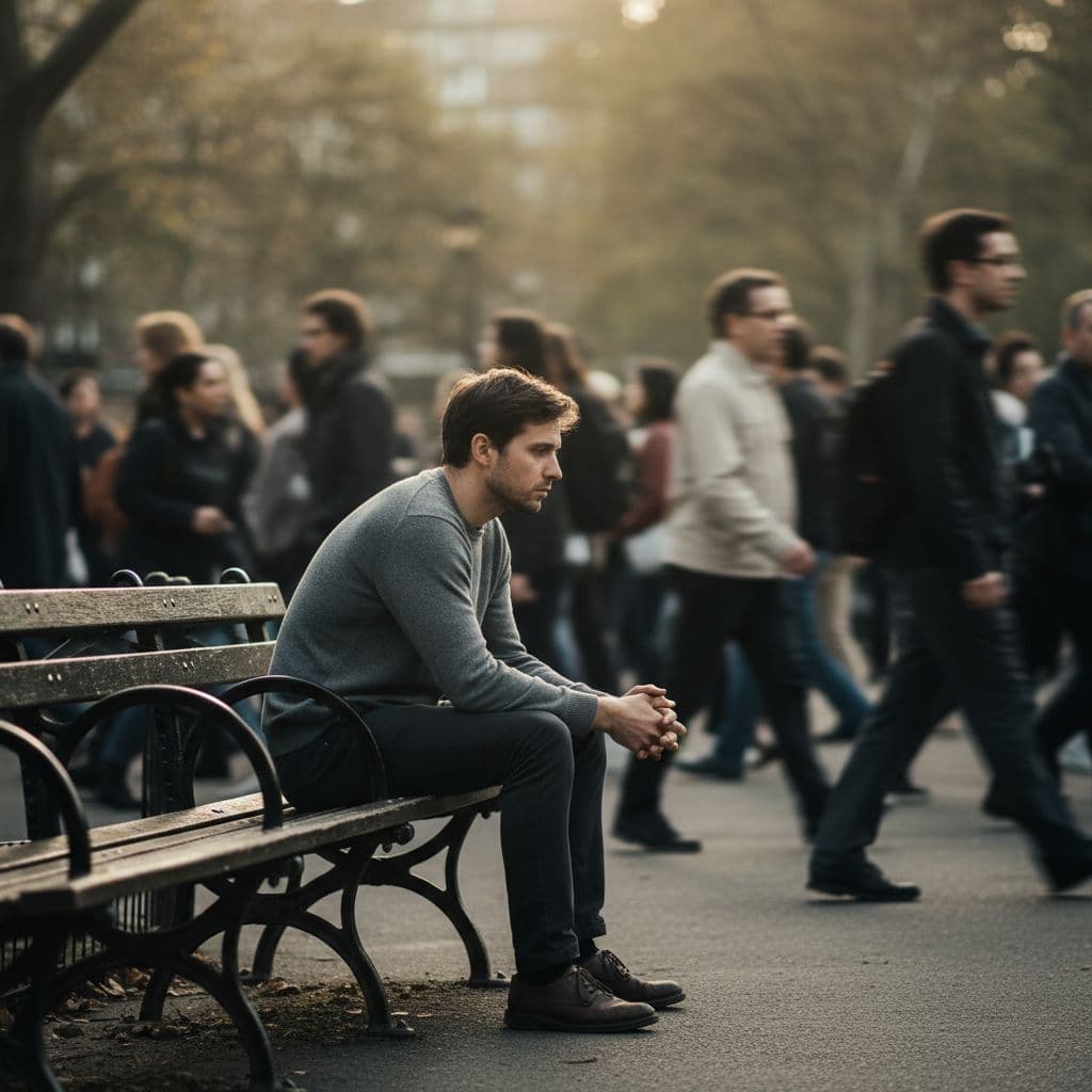 A man sits quietly on a wooden park bench while a blurred crowd of people walks past him. The contrast between his still posture and the surrounding motion highlights deep social solitude.