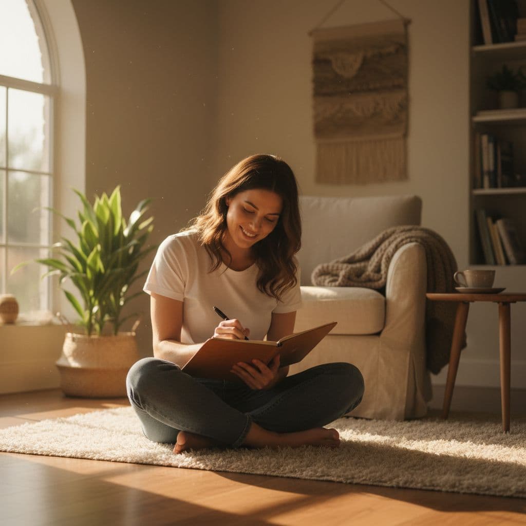 Can gratitude journaling actually change your brain? 1 A woman writes in a notebook while sitting in a bright, peaceful room.
